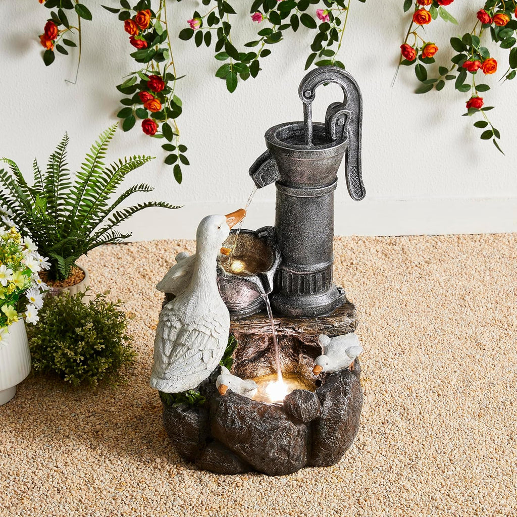 24" Farmhouse Duck Outdoor Fountain with LED & Pump - 2-Tier Cascading Water Fountain for Outside Garden Decor