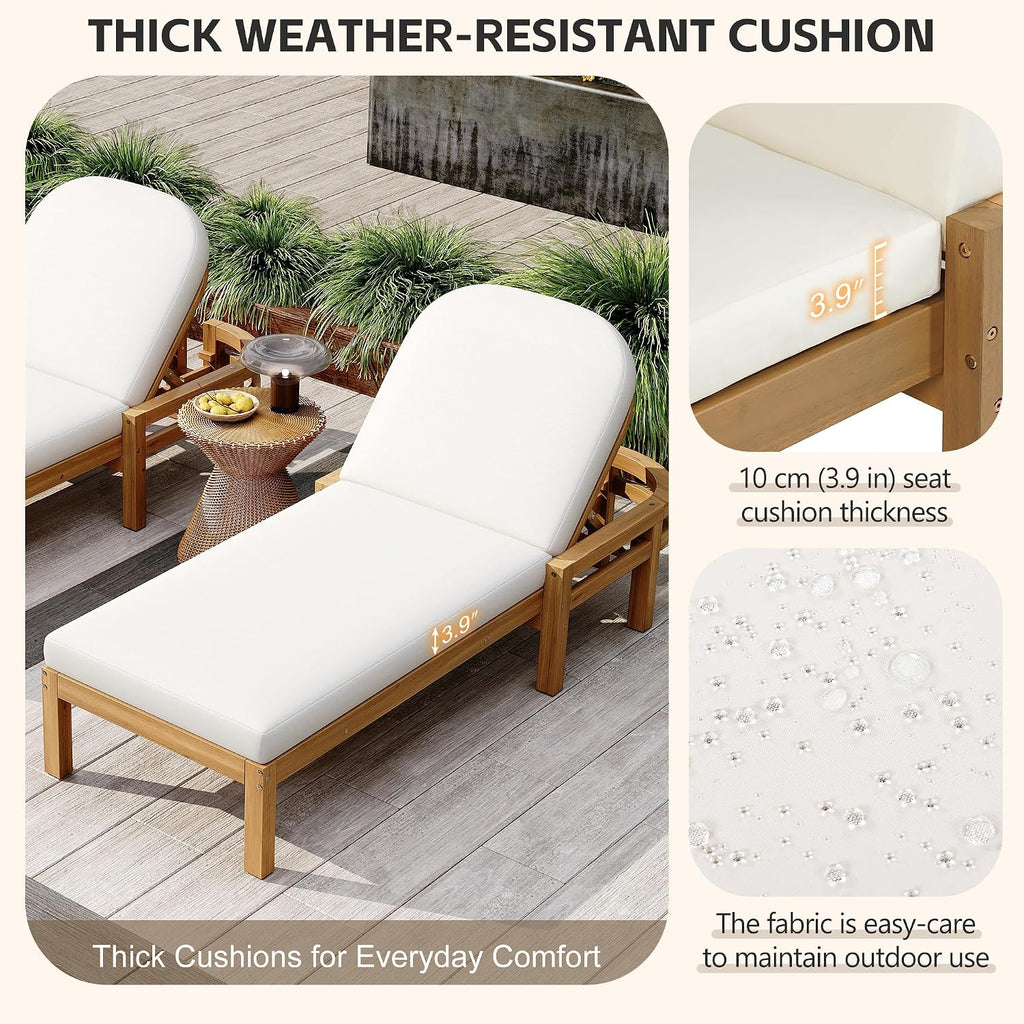 Acacia Wood Outdoor Chaise Lounge Set of 2, 5-Position Adjustable Patio Recliner with Arched Backrest & Thick