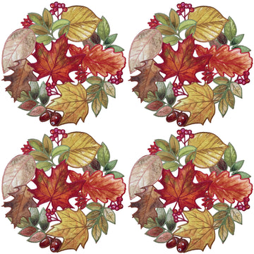 Fall Placemats Set of 4, 15 Inch Round Autumn Maple Leaves Cutwork Embroidered Placemats, Harvest Thanksgiving Table
