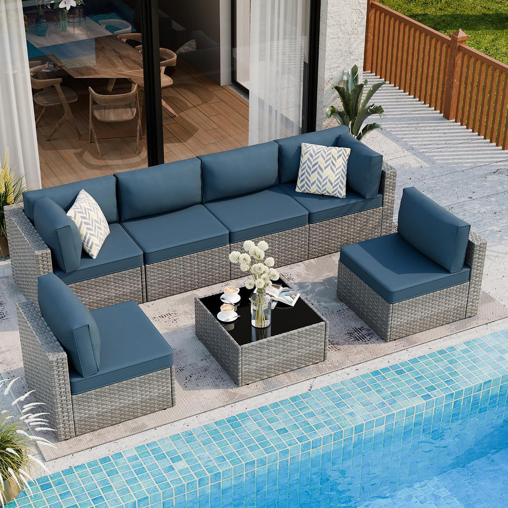 7 Pieces Outdoor Patio Furniture Sets, Patio Sectional Sofa Couch, Gray PE Wicker Furniture Modular Patio