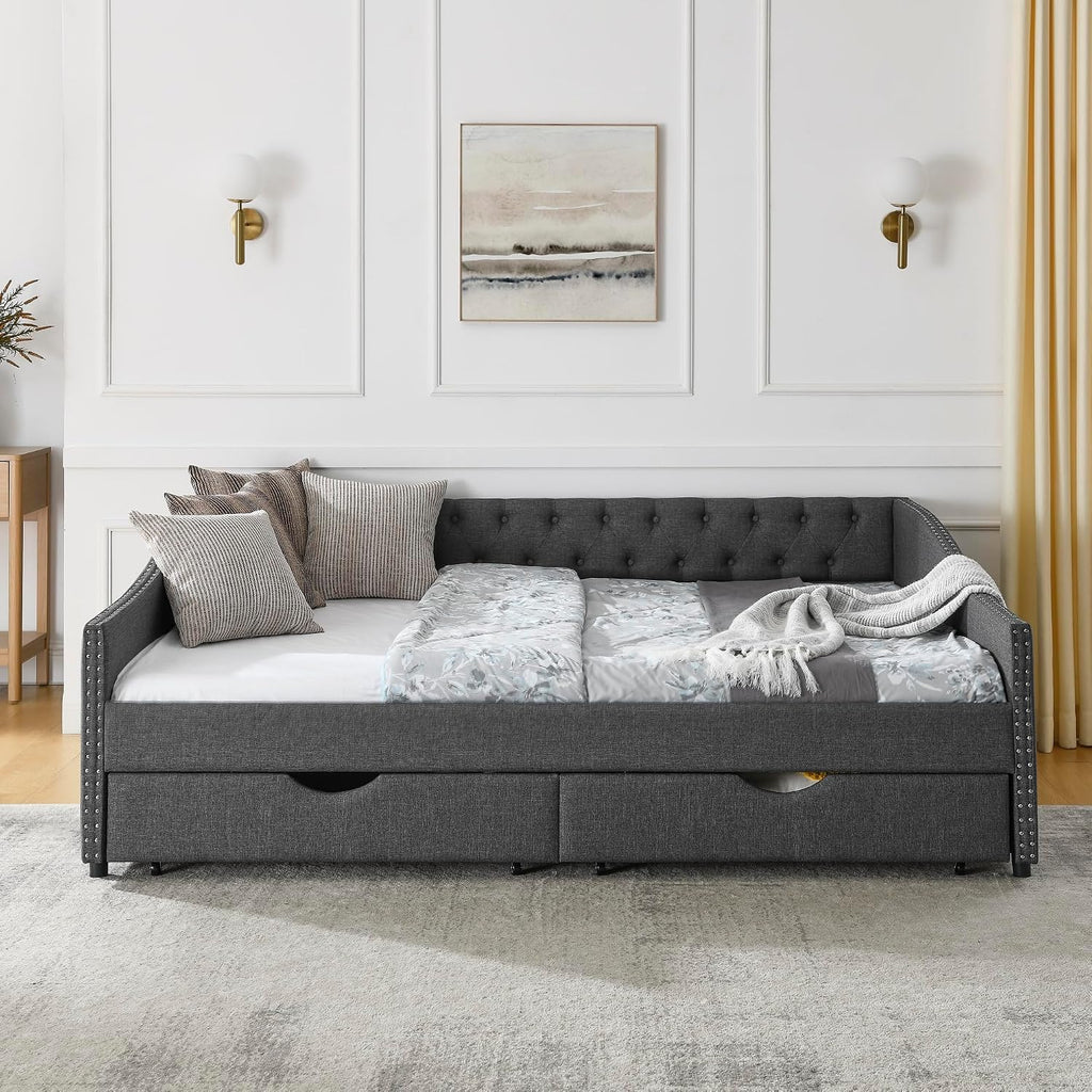 Queen Size Upholstery Daybed with 2 Drawers and Headboard, Mid-Century Style Tufted Sofa Bed with Button on Back
