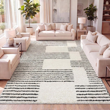 Petra Abstract Stripe Shag White/Gray Indoor Area Rug, Geometric, Bohemian, Contemporary, Easy-Cleaning, Pet