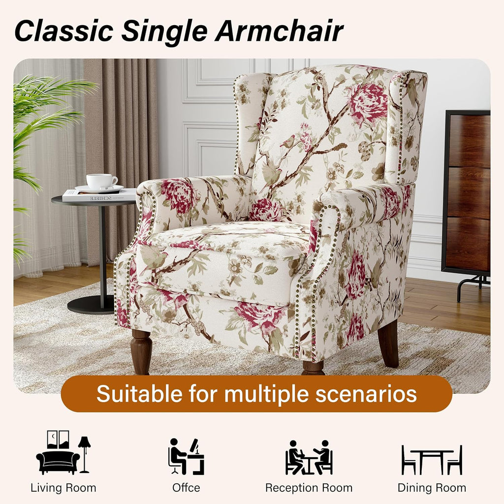 Wingback Accent Chair, High Back Armchair , Beige | Ergonomic Design | Linen Fabric | High-Resilient Foam Seat |