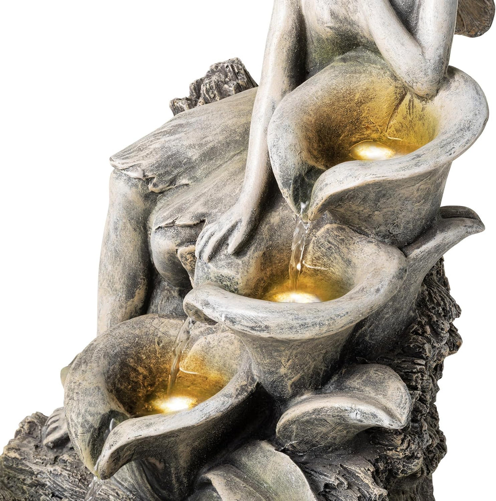Water Fountain Fountain with Lights & Pump, 22.75" H 4-Tiered Concrete Fairy Polyresin Cascading Waterfall Floor