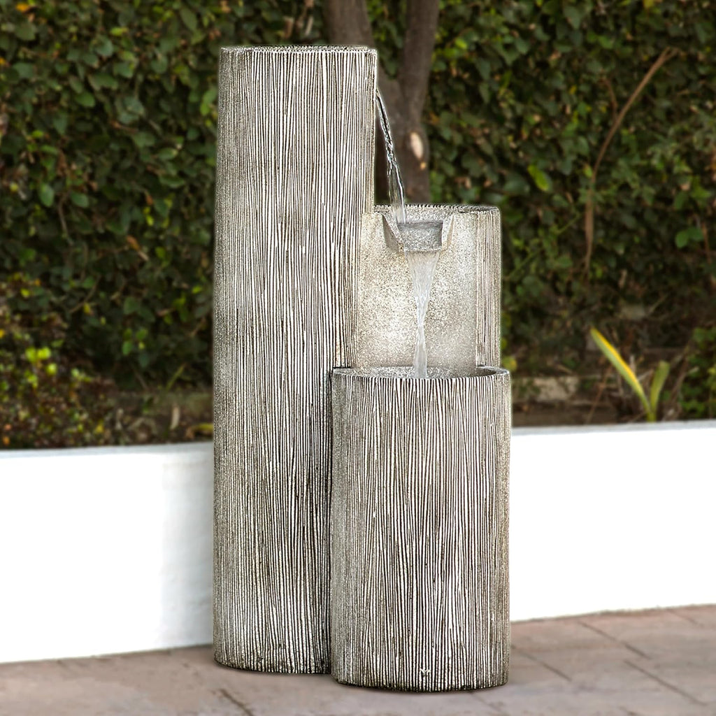 41” Outdoor 3-Tiered Weathered Stone Water Fountain with Natural Stone Look - Garden Water Feature Decoration, Gray