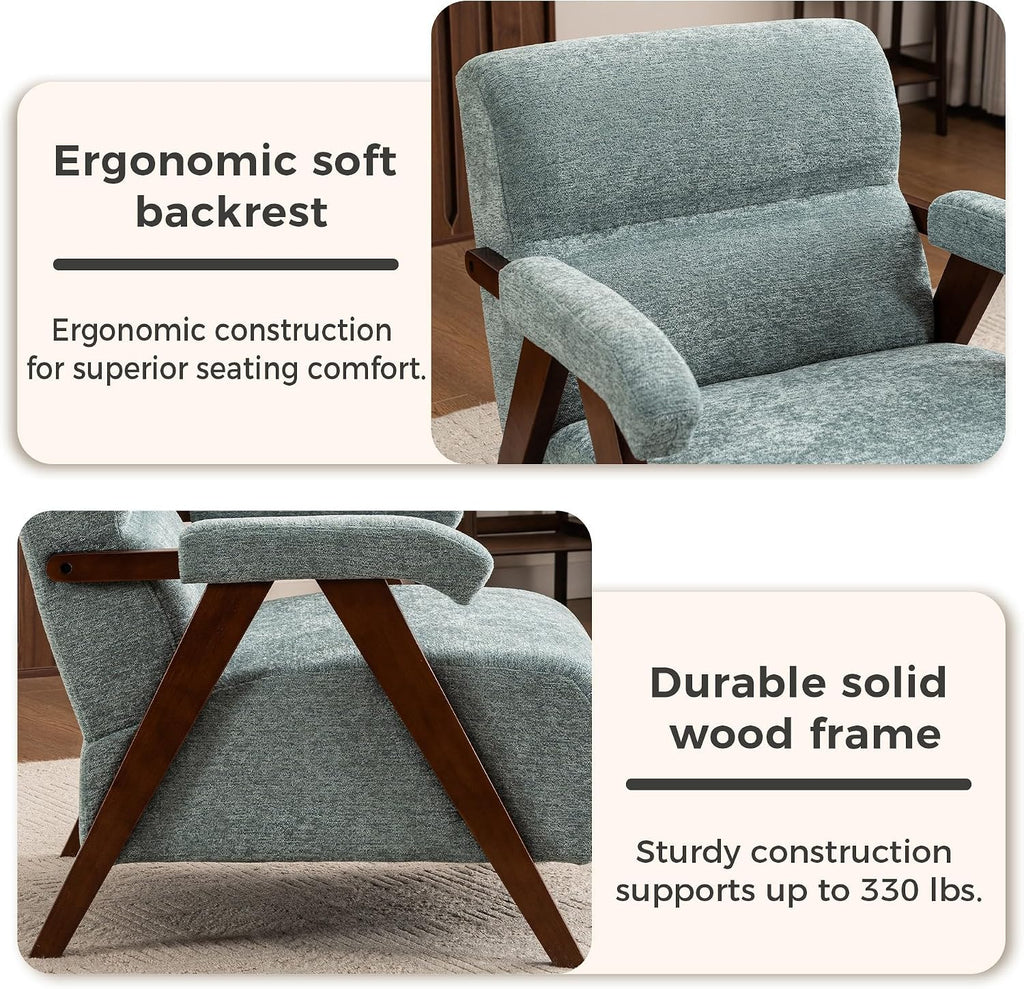 Mid Century Modern Accent Chair, Upholstered Comfy Armchair with Thick Cushion & Solid Wood Frame, Tufted Reading