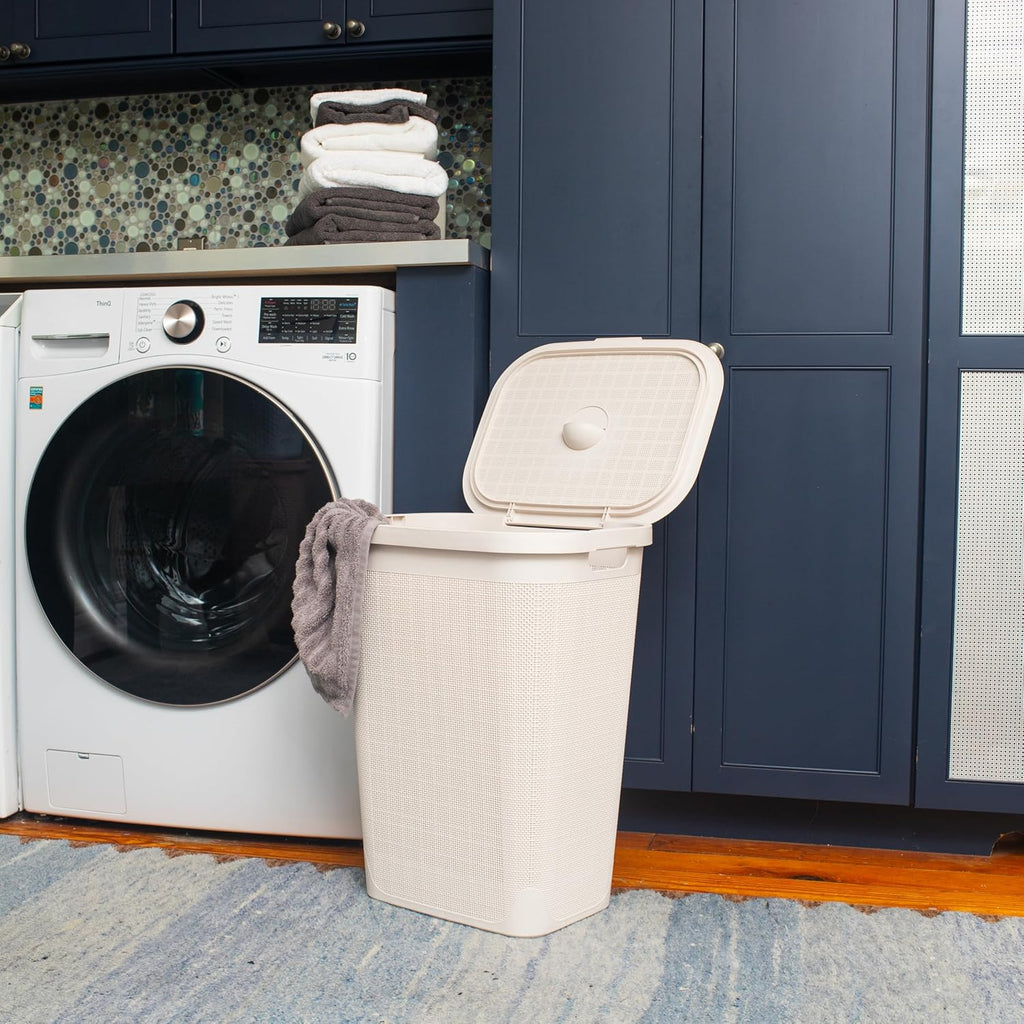 60L Slim Laundry Hamper, Clothes Basket, Lid, Linen Design, Plastic, Ivory