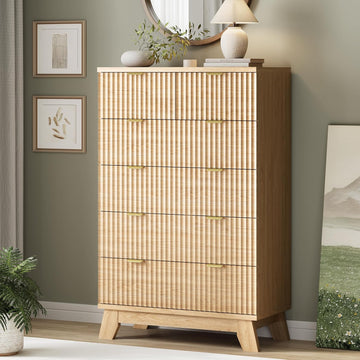 Fluted Dresser with 6 Drawers, 46" Tall Modern Chest of Drawers with Metal Handle, Wooden Dresser TV Stand, Wood