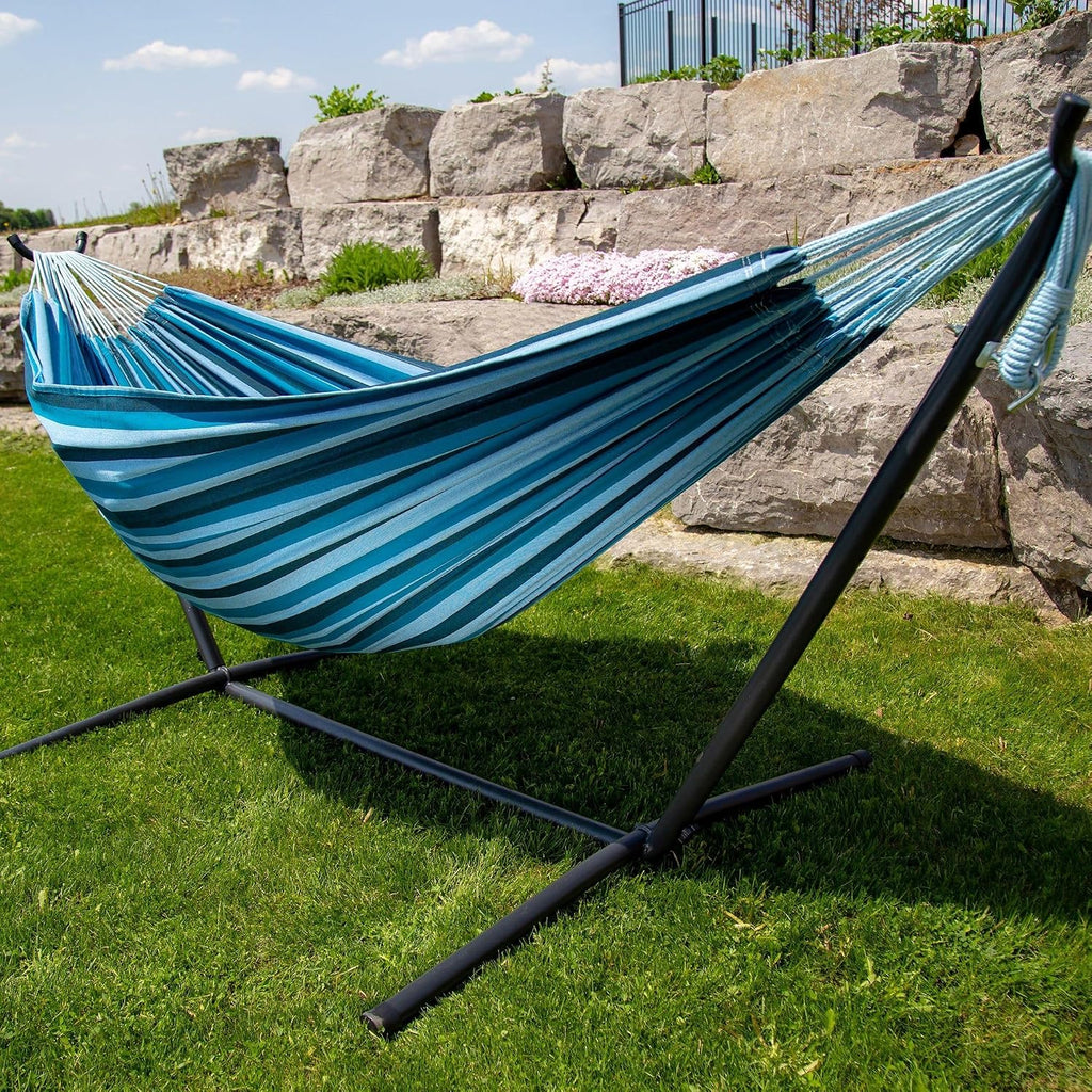 Double Cotton Hammock with Space Saving Steel Stand, Upgraded Polyester End Strings 450 lb Capacity - Premium Carry