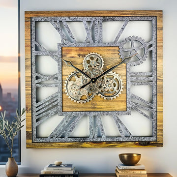 ImprovingLife The Gears Clock 24'' Inch Square Real Moving Gear Wall Clock Vintage Industrial Oversized Rustic Farmhouse (Wood and Stone)