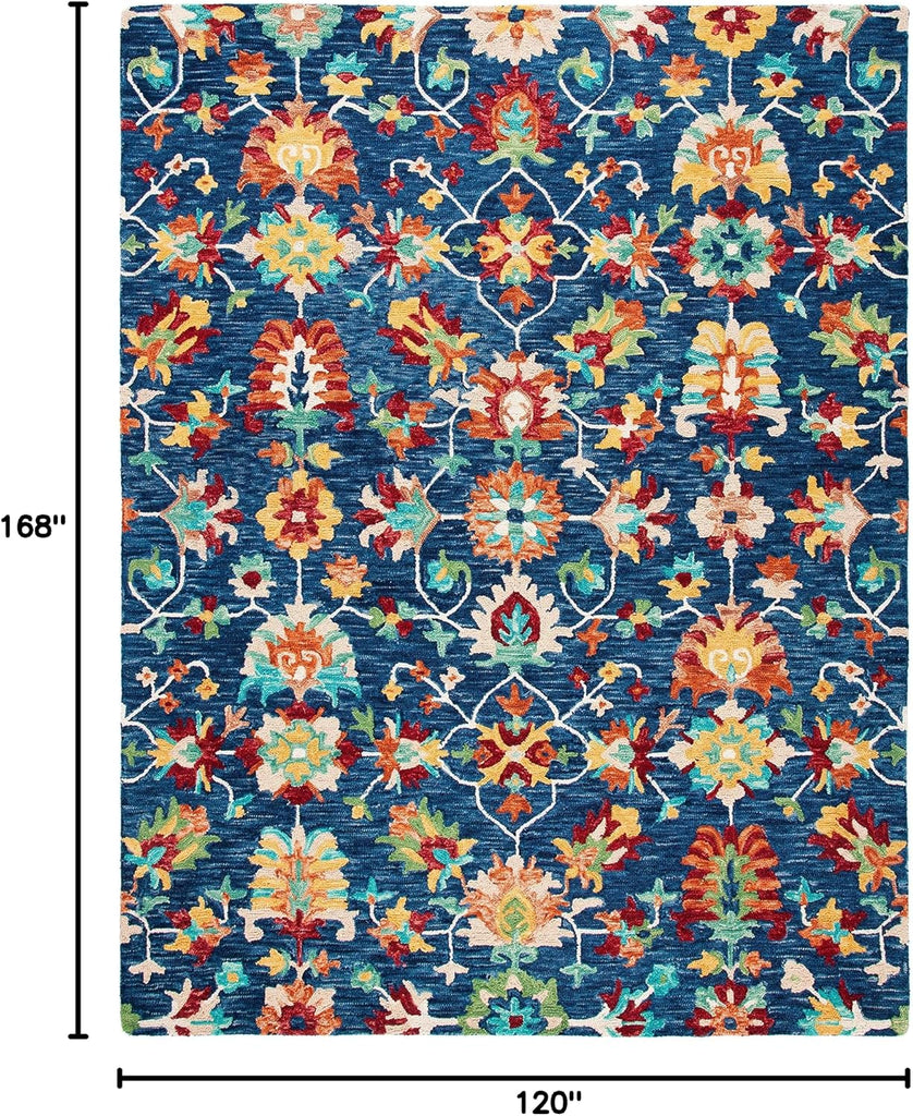 Aspen Area Rug - 10' x 14', Navy & Red, Handmade Boho Floral Wool