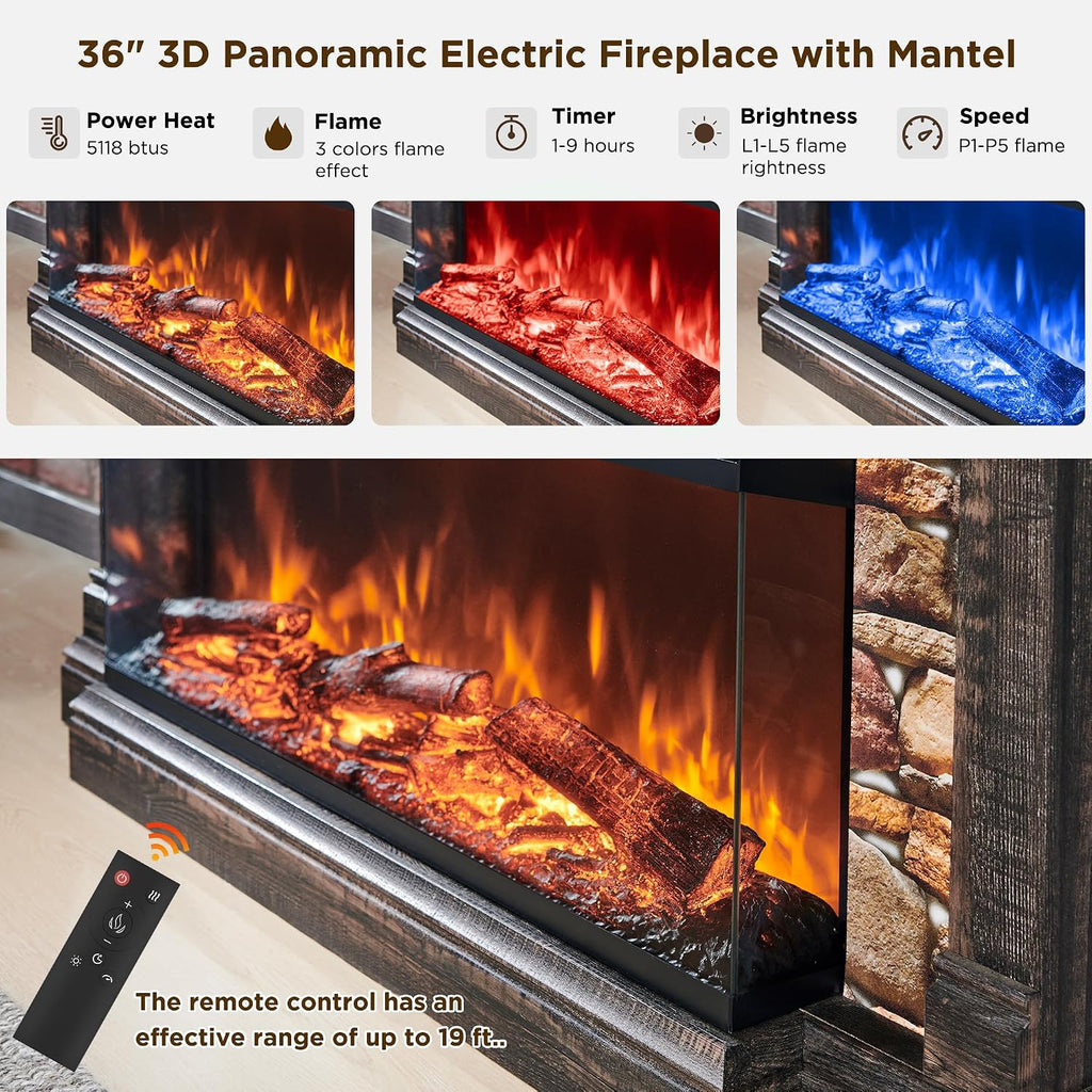 Electric Fireplace with Mantel, 3-Sided Glass Farmhouse TV Stand with Fireplace for TVs up to 65", 52" Media