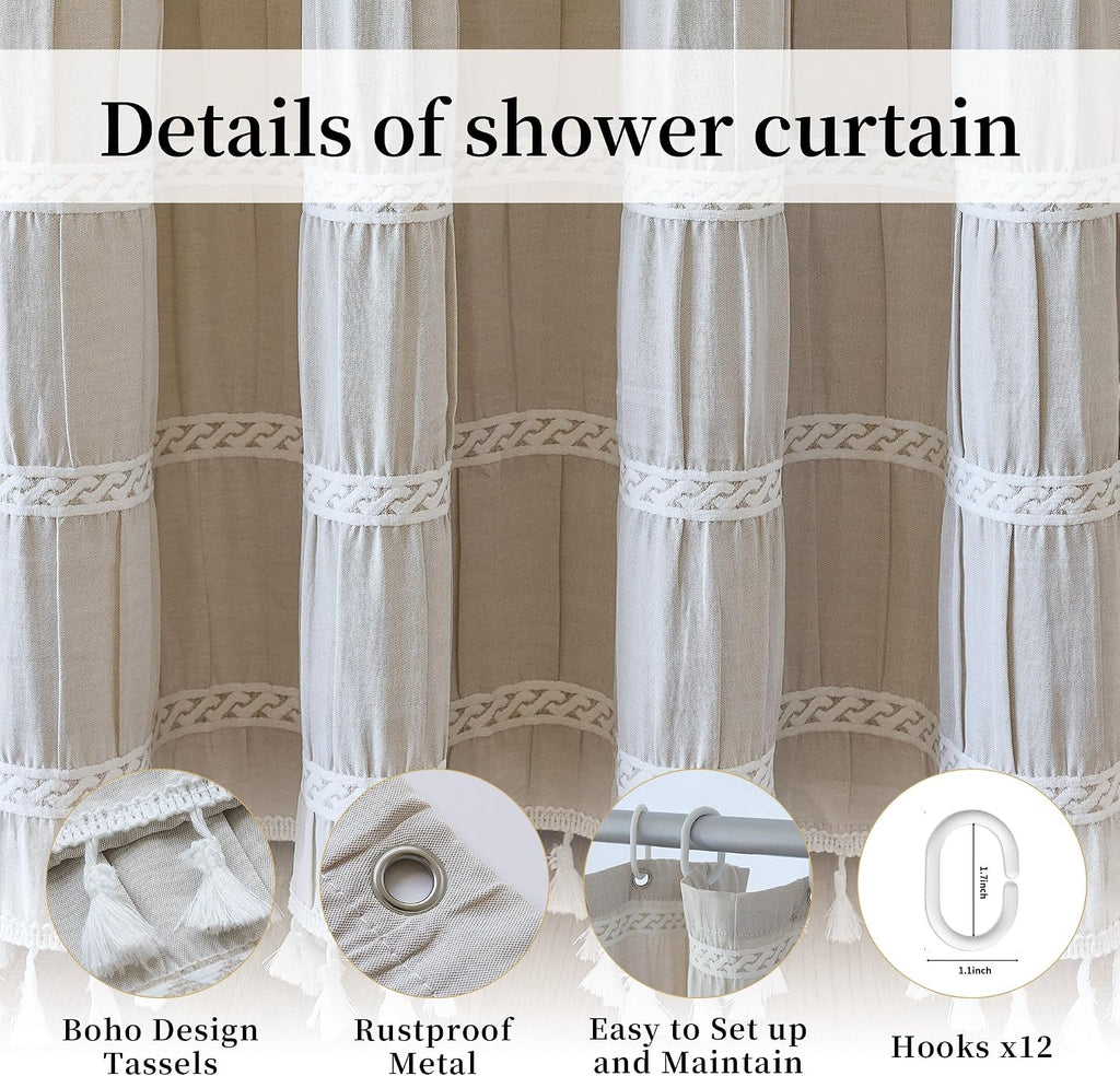Cream Shower Curtain Fabric Rustic Shower Curtain Farmhouse Striped Cotton Blend Thick Boho Shower Curtains for