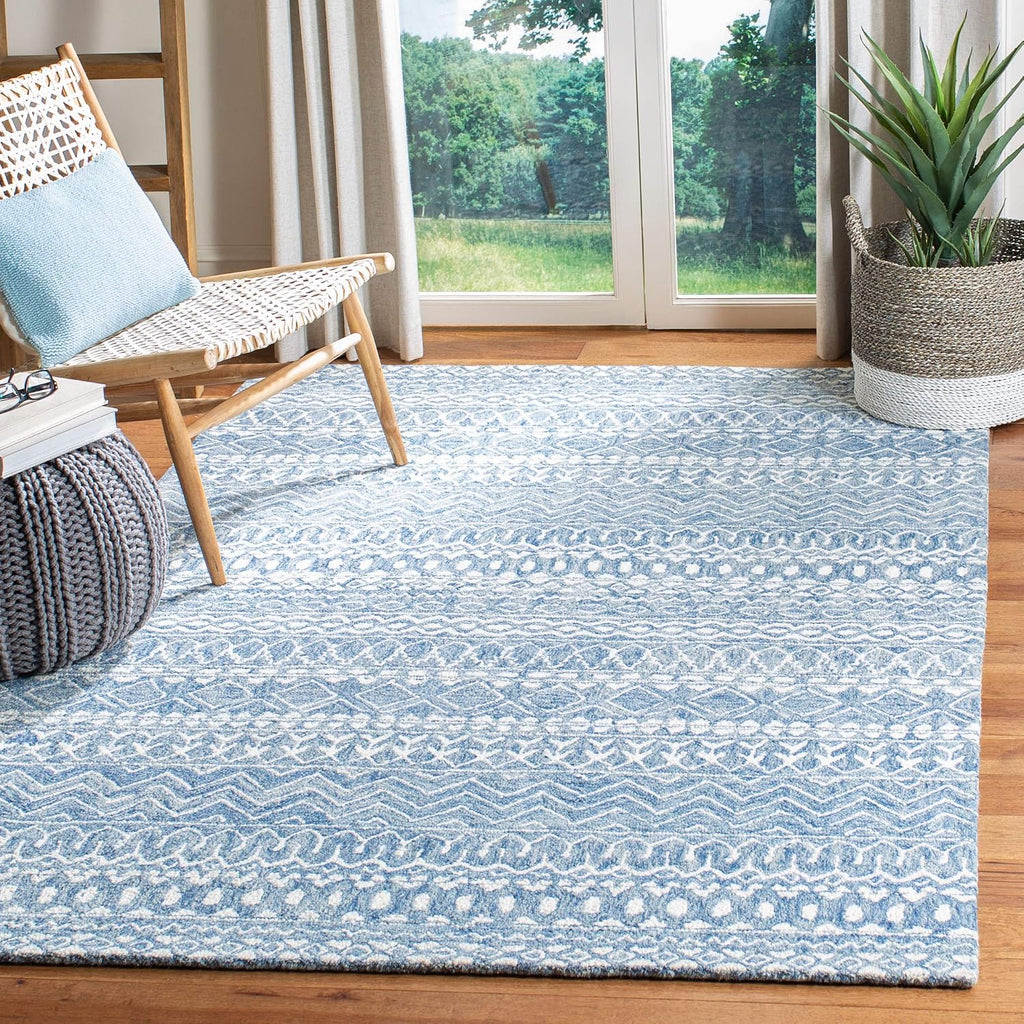 Micro-Loop Area Rug - 9' x 12', Blue & Ivory, Handmade Moroccan Boho Tribal Wool