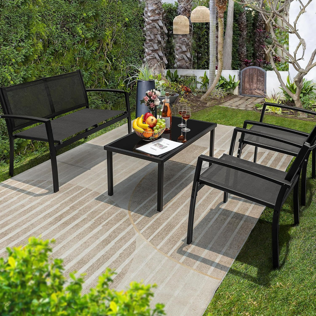 4 Pieces Outdoor Patio Furniture Textilene Modern Conversation Black Bistro Set with Loveseat Tea Table for Home