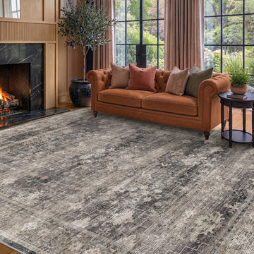 Modern Charcoal and Beige Area Rug, Washable Farmhouse Boho Rug, Distressed Oriental Geometric Design, Stain