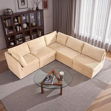 Modular Sectional Sofa,5 Pieces Sectional Couches ,98X98 L Shaped Cloud Couch Set(Beige Velvet Corduroy)