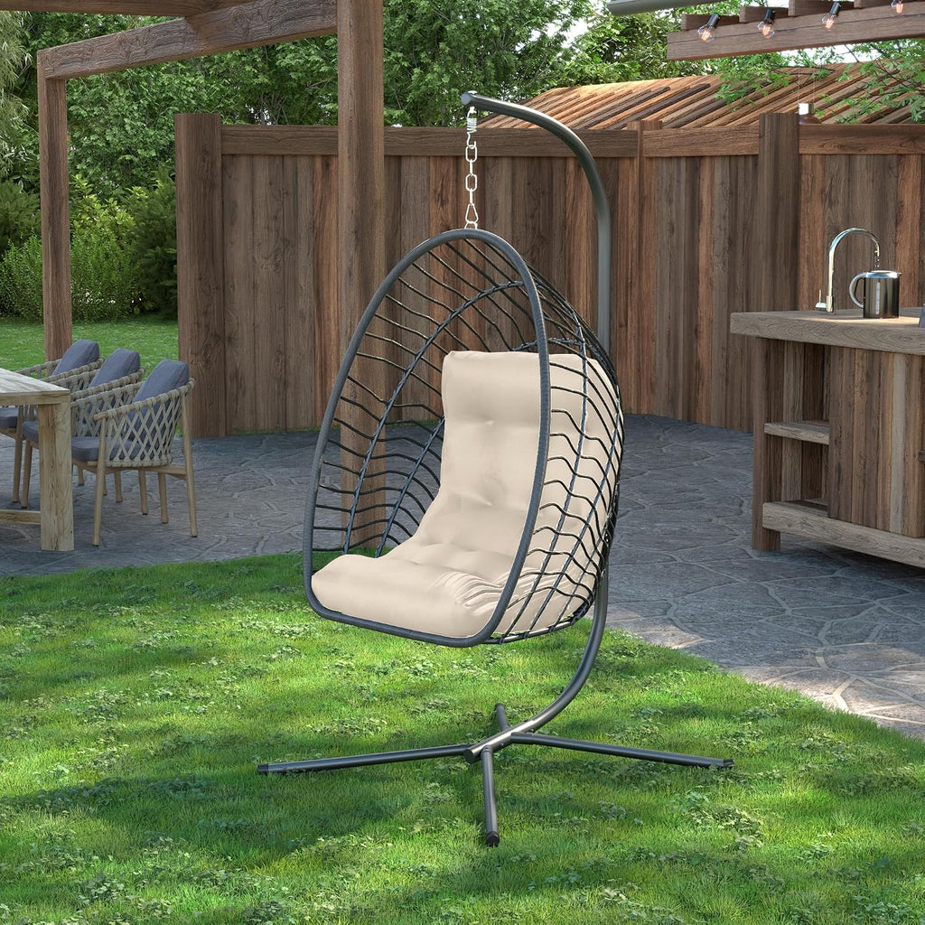 Hanging Egg Chair with Stand Indoor Outdoor, Foldable Rattan Wicker Hammock Egg Swing Chair Porch Patio Garden