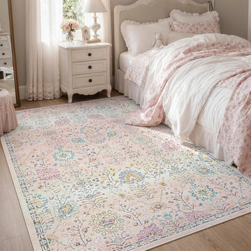 Pink Rug for Girls Bedroom 5x7, Soft Washable Floral Dorm Rug, Boho Non Slip Pastel Classroom Carpect Room, Kids