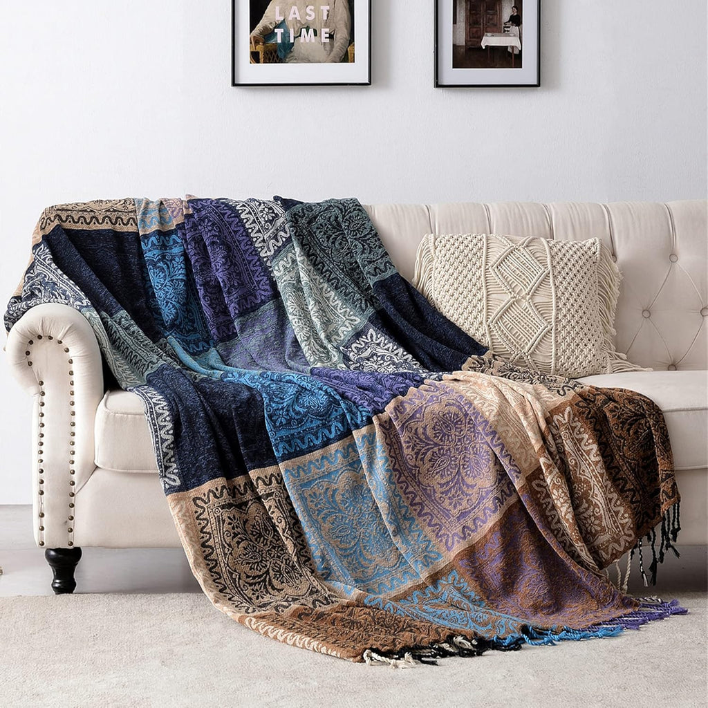 Boho Chair Cover Colorful Chenille Tassels Hippie Throw Blanket, Blanket for Bohemian Living Room Decor Purple(60"*75")