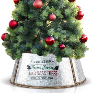 Galvanized Christmas Tree Collar 23 Inch - Farmhouse "Farm Fresh Christmas Trees" Metal Tree Ring for Smaller and Pencil Trees