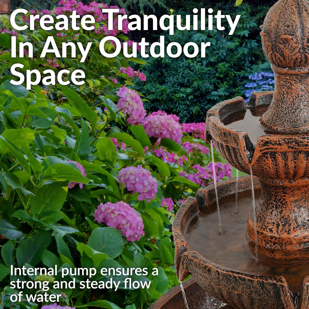 Flower Blossom 43" Tiered Outdoor Water Fountain - 3-Tiered Outdoor Fountain - Earth Finish