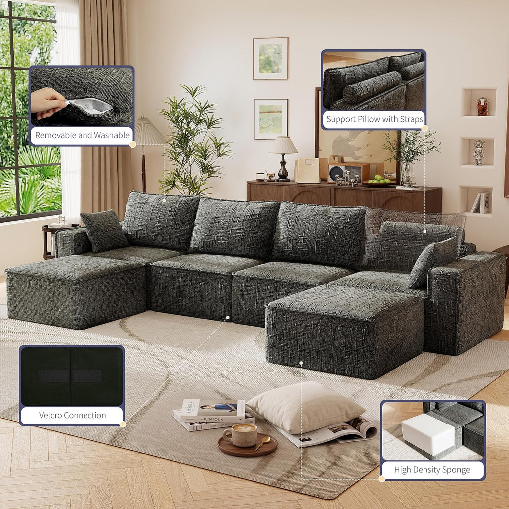 145.6” L Shaped Boneless Couches for Living Room, Modular Sofa Memory Foam