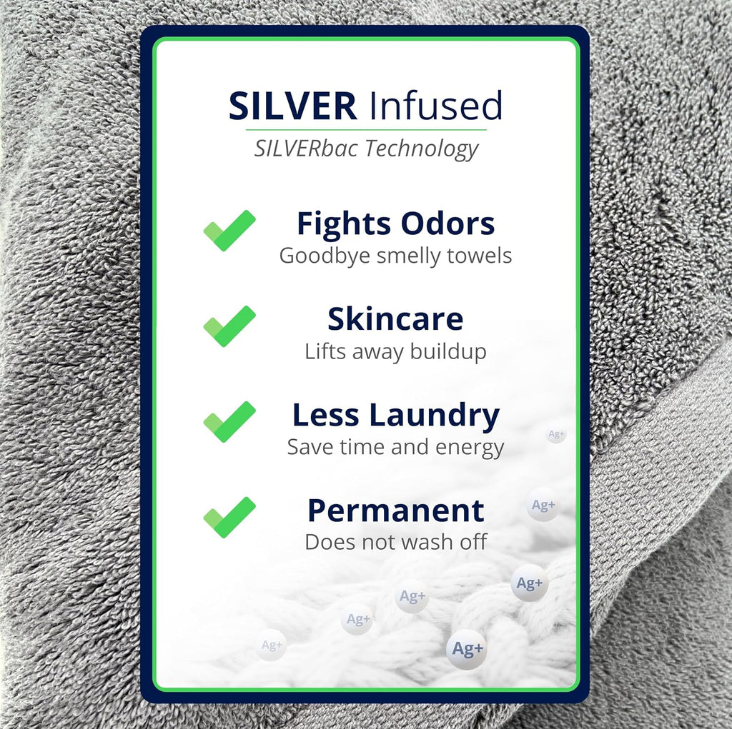 3PC Turkish Cotton Bath Towel Set, Silver-Infused (Green) | Plush 700 GSM set includes 58x30" bath towel, 30x16" hand