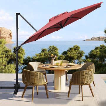 10Ft Cantilever Patio Umbrella, 360° Rotation & Integrated Tilting System Offset Umbrella with 8 Sturdy Ribs - Red
