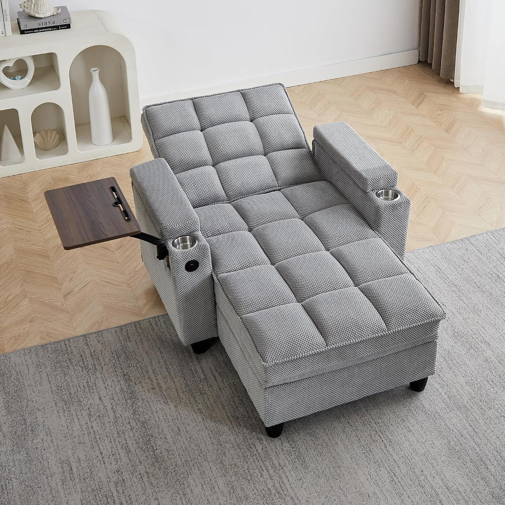 42" Sleeper Chair Bed, Adjustable Backrest & Storage, Light Gray | 3-in-1 Chair, Chaise & Bed | 6-Position Backrest |