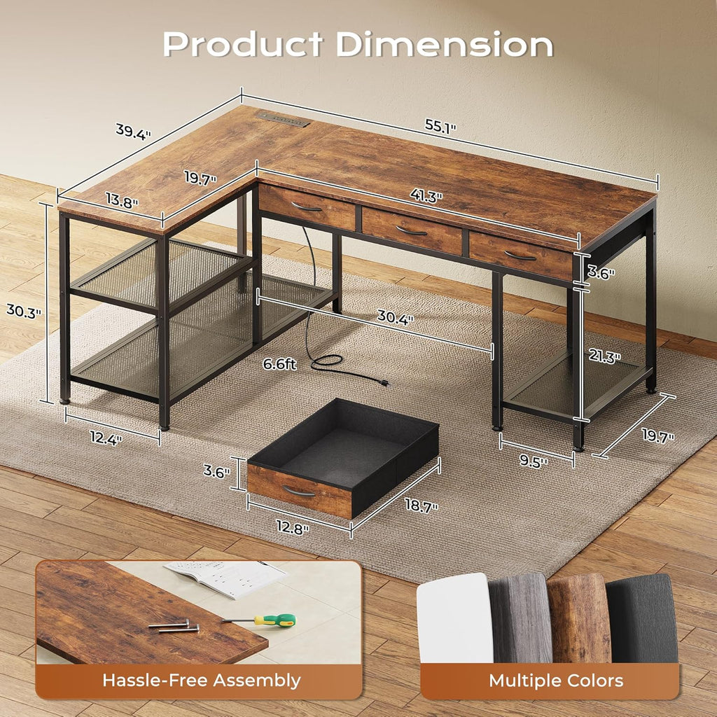 55 Inch L Shaped Office Desk with Power Outlets and Type-C Port, Large Computer Gaming Desk with 3 Fabric Drawers