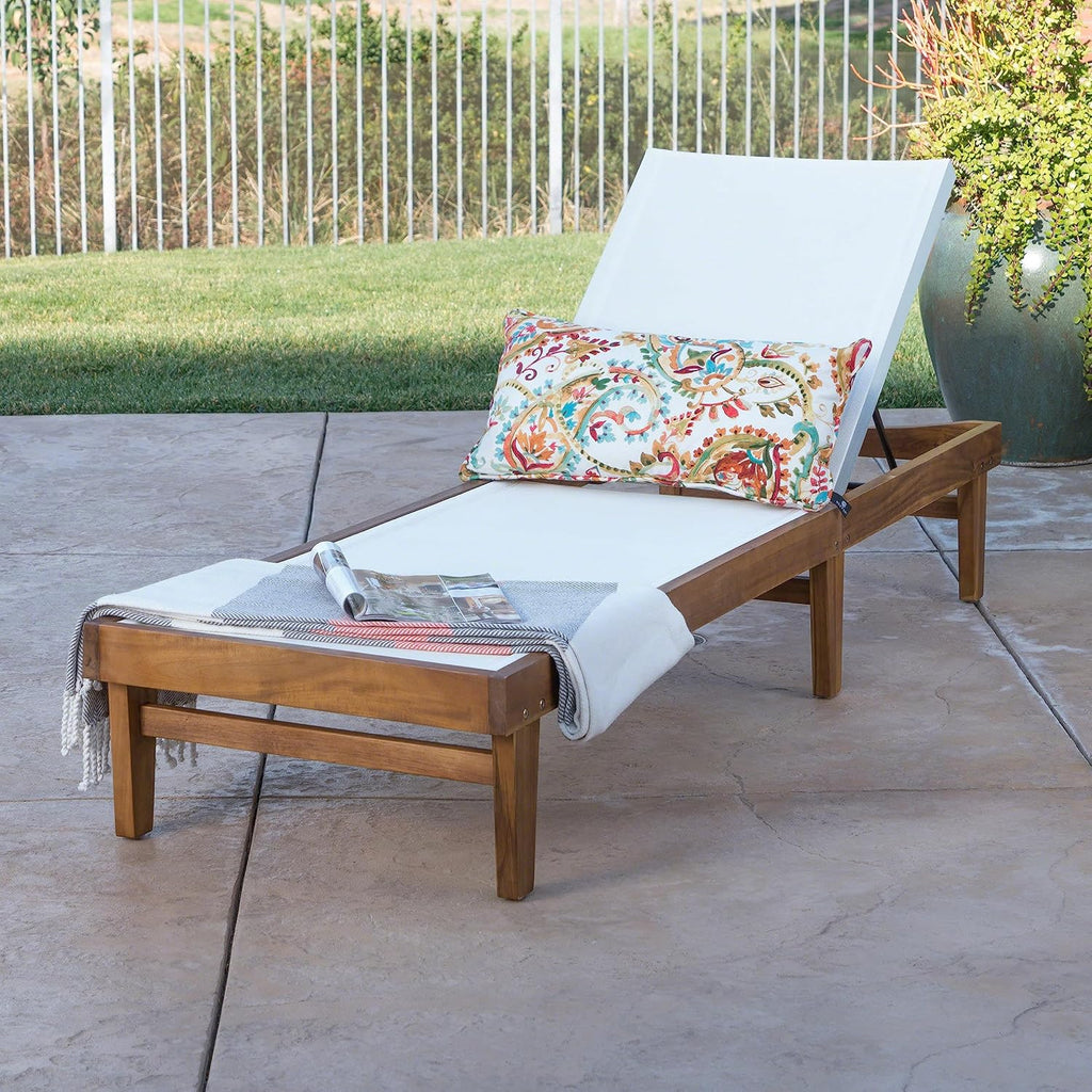 Outdoor Mesh Chaise Lounge with Acacia Wood Frame, Teak Finish / White Mesh