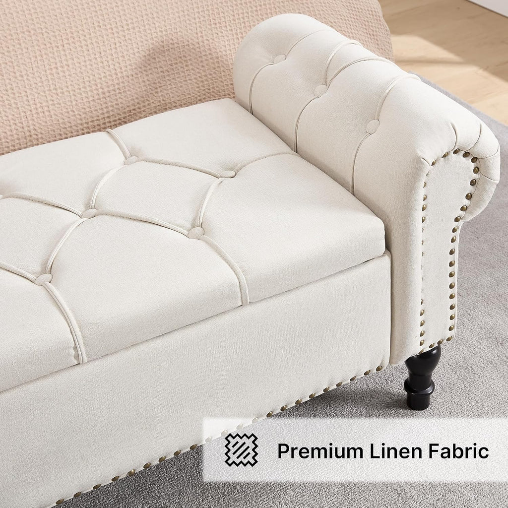 67 Inch Storage Bench , King Size End of Bed Bench, Upholstered Bench with Rolled Arms, Linen Tufted Button Storage