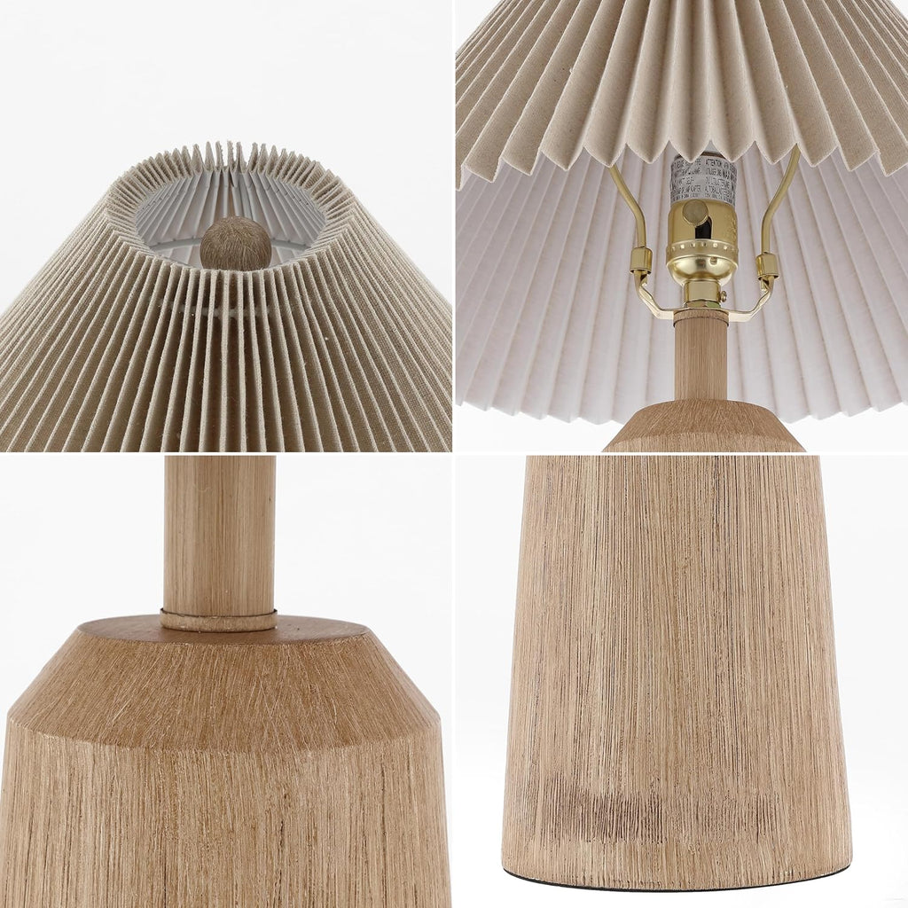 20.5" Beige Wood Finish Resin Cylinder Table Lamp Modern Rustic Scandinavian Bedside Lamp Bedroom with Black Pleated