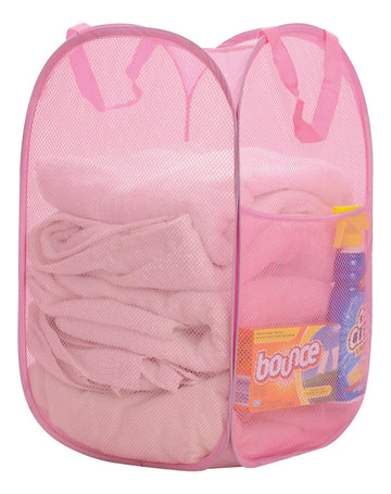 Premium Heavy-Duty Mesh Pop-Up Clothes Laundry Hamper - Home & College Essentials Pink (14"x14"x24")