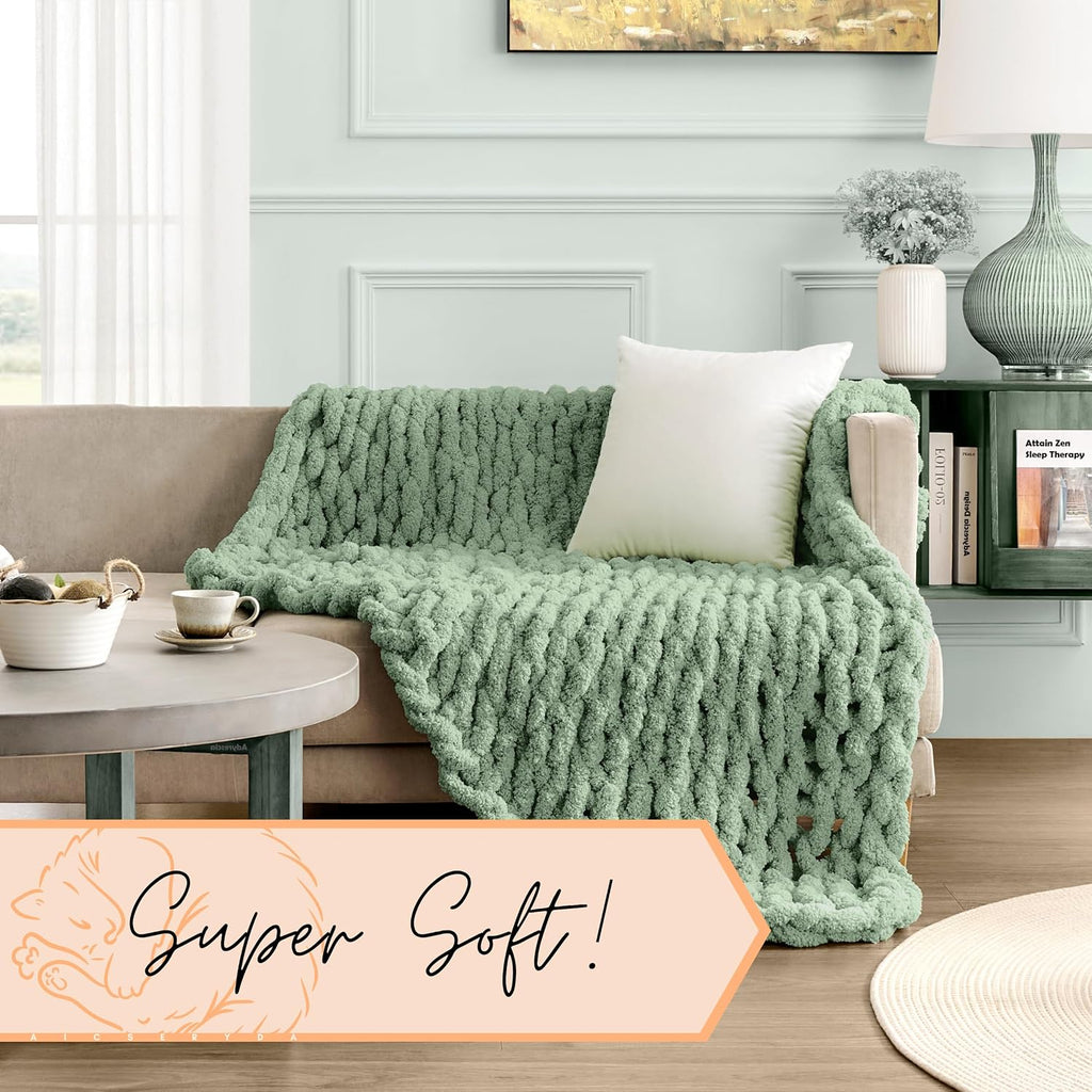 Chunky Knit Blanket Throw | 100% Hand Knit with Jumbo Chenille Yarn (50"x60", Sage Green)