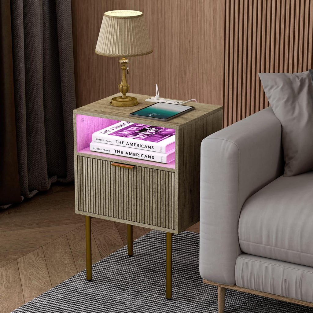 Modern Nightstand with Charging Station and LED Lights, White Bedside Table with Drawer, Fluted Side Table