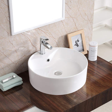 Valera 18 Inch Round Vessel Bathroom Sink, Vitreous China Above Counter Vanity Sink with Overflow