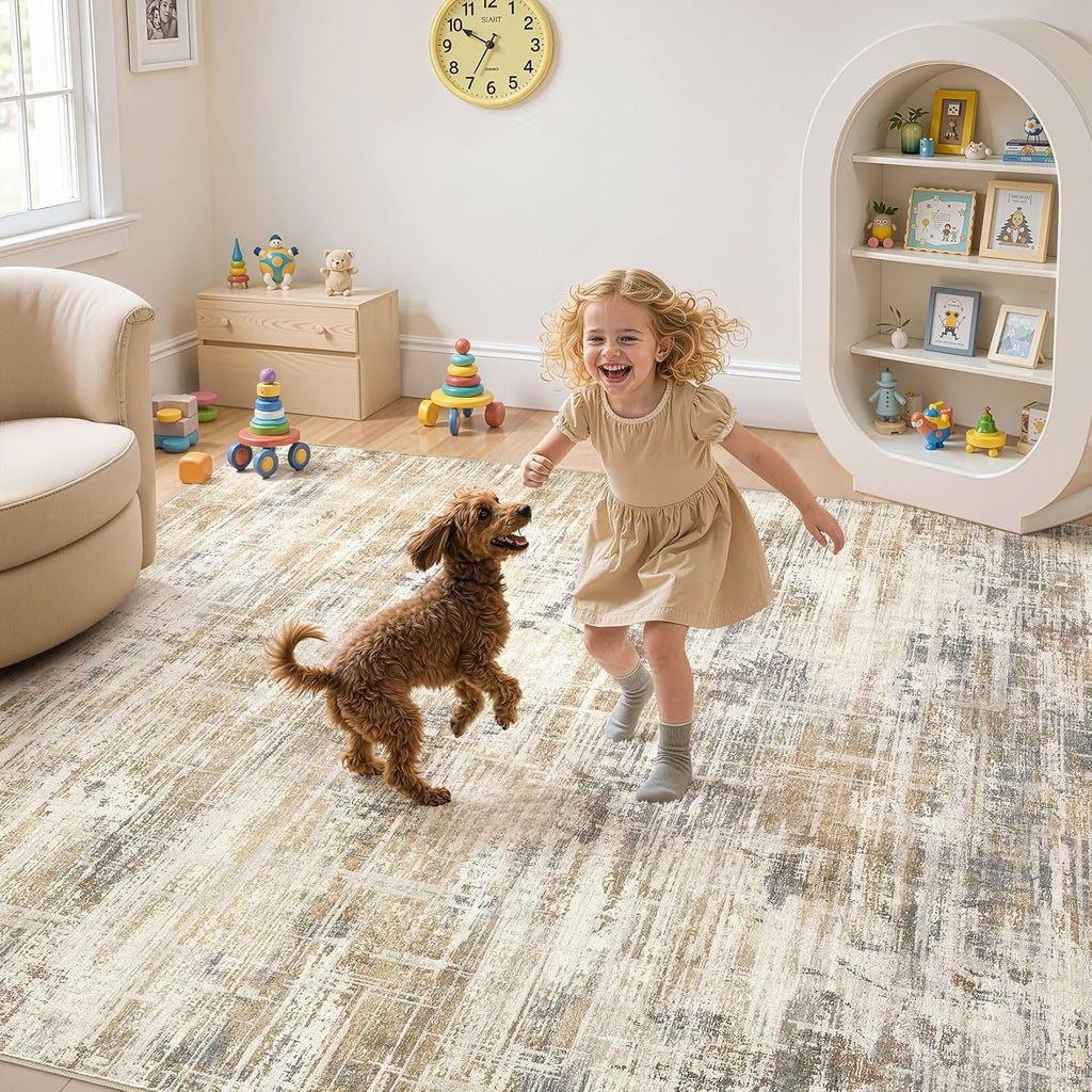 8x10 Area Rug Washable Abstract Golden Brown Carpet