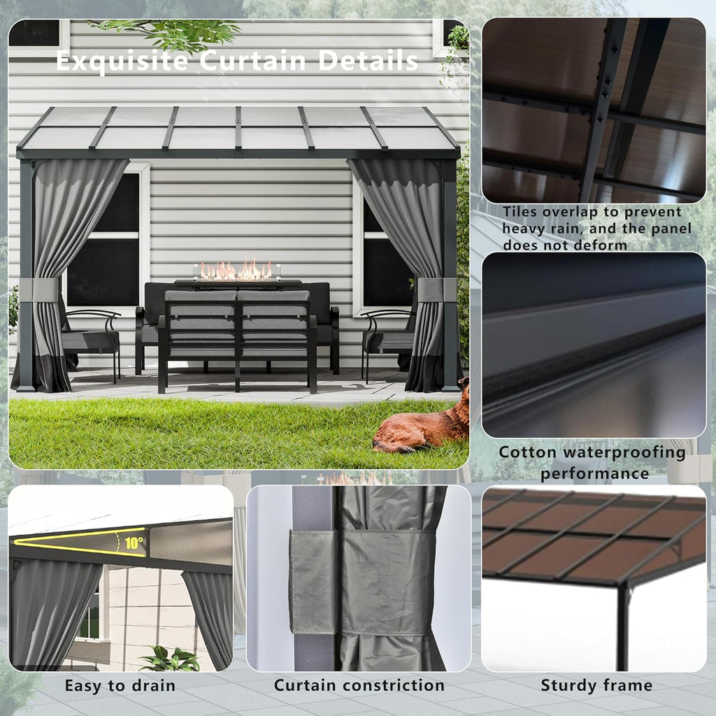10x12FT Gazebo, Hardtop Wall Mounted Gazebo with Sloping Sun Panel Roof, Awnings with Metal Frame, Double Curtains Sand