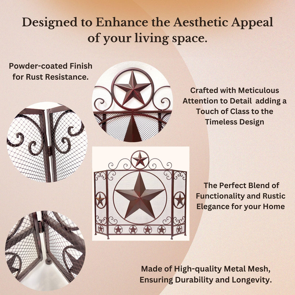 3-Panel Fireplace Screen Decorative - Rustic Brown Star Detail