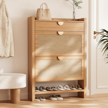Rattan Shoe Storage Cabinet, Shoe Organizer with 2 Flip Drawers, Narrow Shoe Cabinet, Free Standing Hidden Shoe