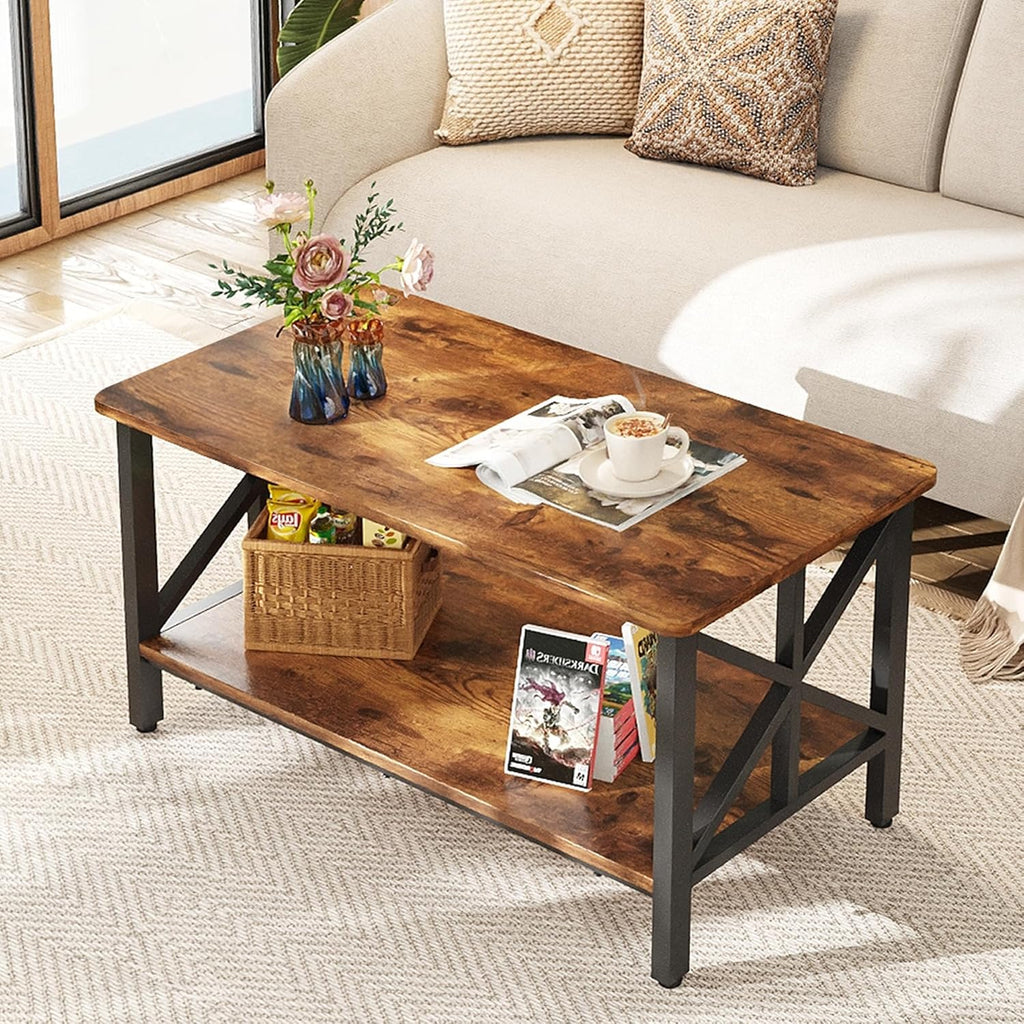 Coffee Table, 39" Modern 2-Tier Center Table with Round Corners, Storage Shelf