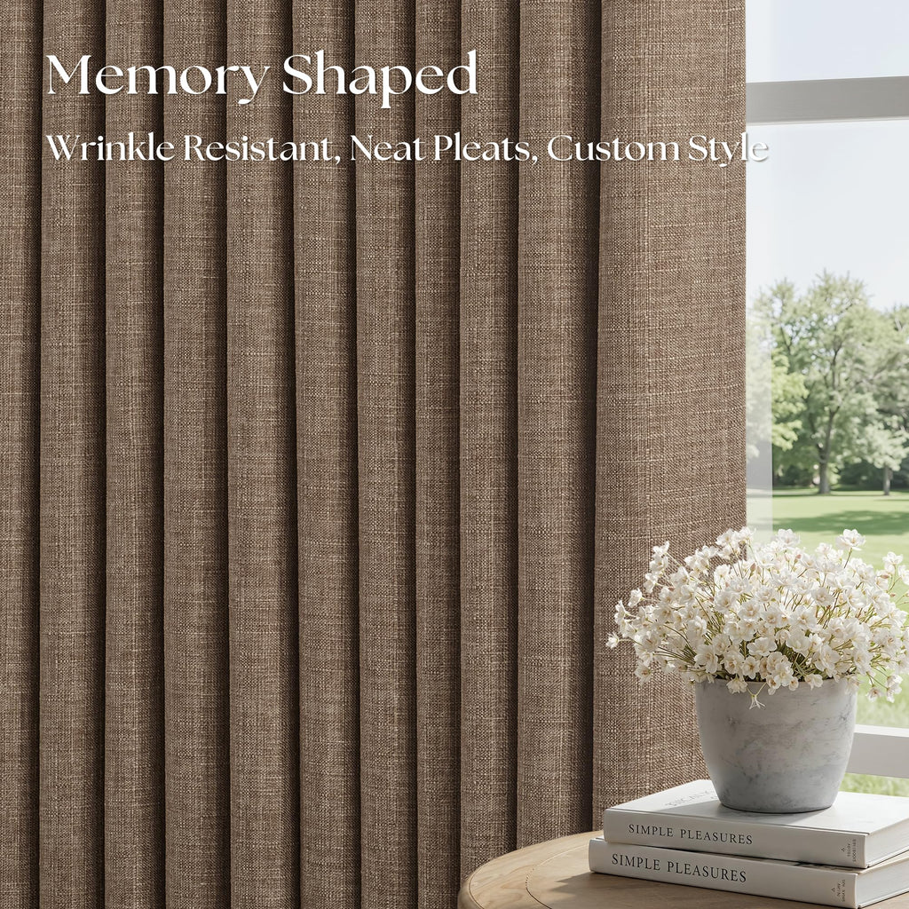 96 Inch Blackout Pinch Pleated Curtains 2 Panel Set Darkening Thick Linen Textured 100% Black Out Drapes 96 Inches
