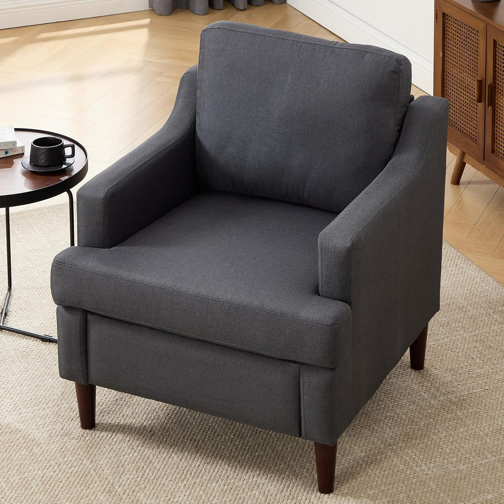 Mid-Century Accent Chair Modern Linen Fabric Armchair ,Comfy Upholstered Reading Chairs ,Single Sofa Chair with Wood