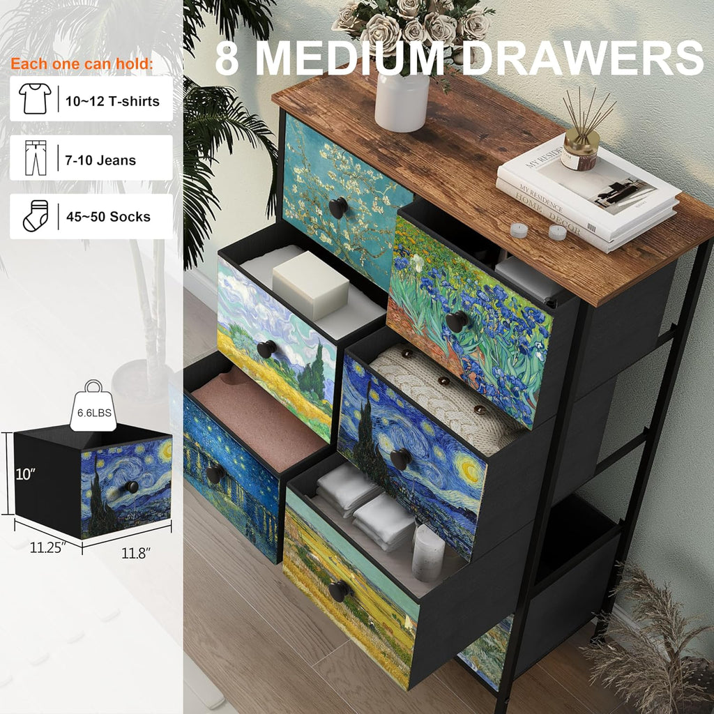 Tall Dresser with 8 Drawer Narrow Van Gogh Chest of Drawers Closet Living Room Steel Frame Rustic Brown Wood Grain