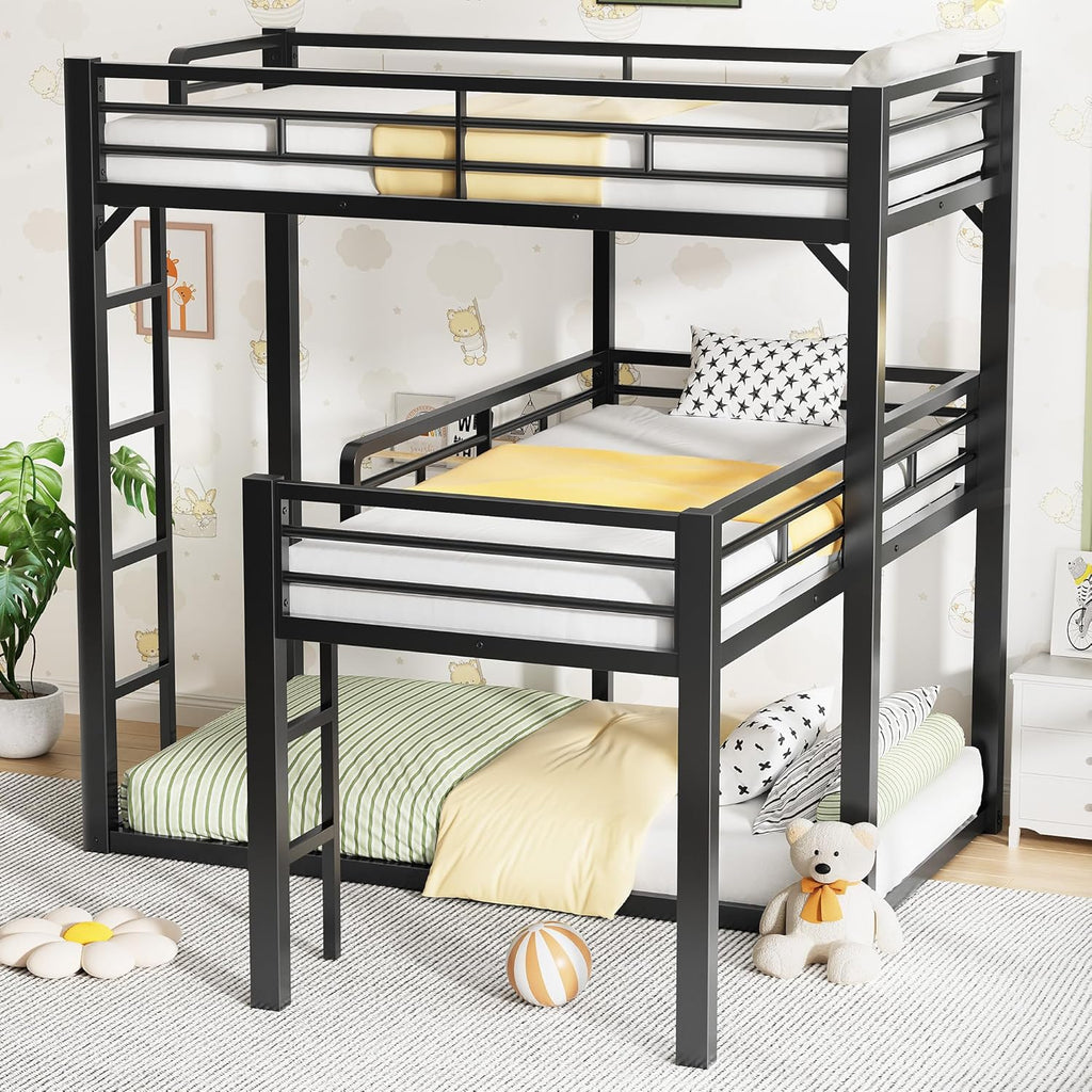 Heavy Duty L-Shaped Triple Bunk Bed for Kids Bedroom,Twin Over Twin Over Twin Metal Bunkbeds with Ladder & Safety
