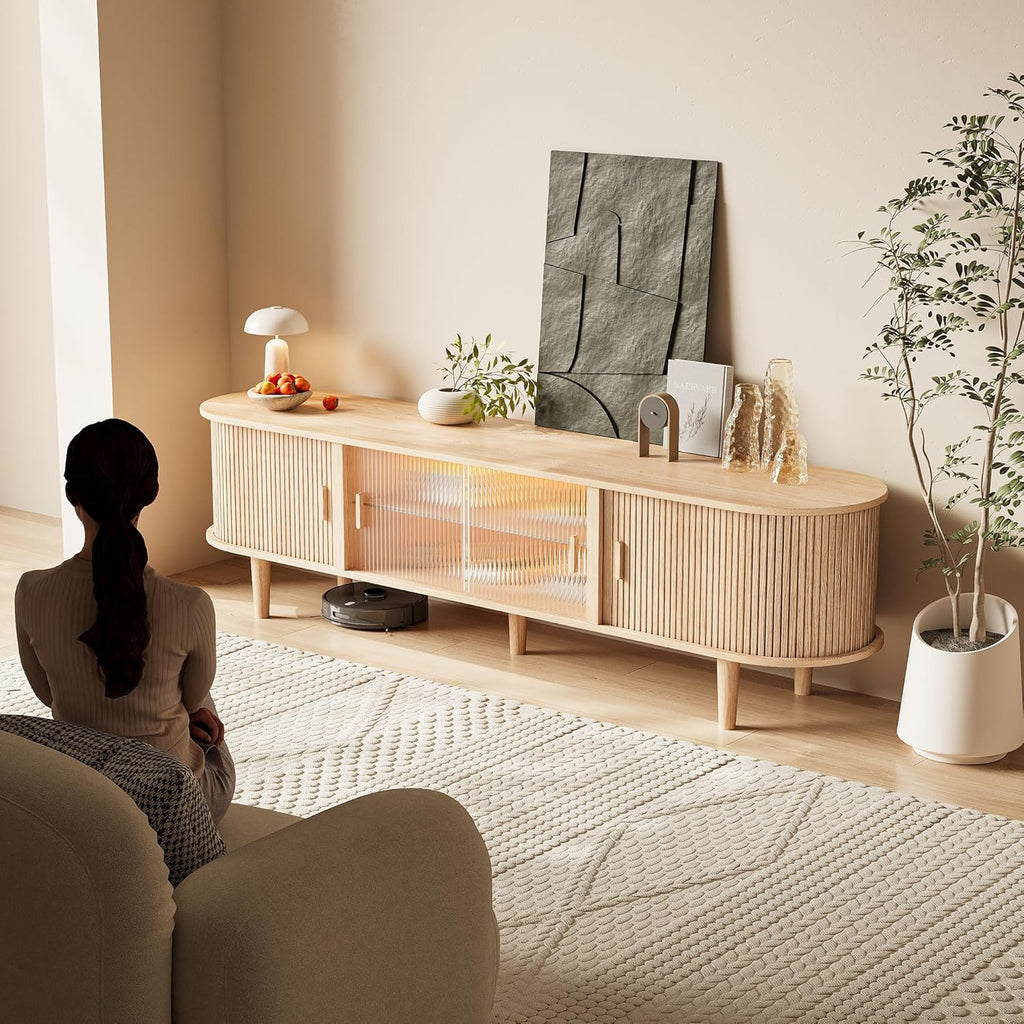 70" Fluted TV Stand with LED Lights for TVs up to 75 Inch, Mid Century Modern Entertainment Center with Sliding Doors