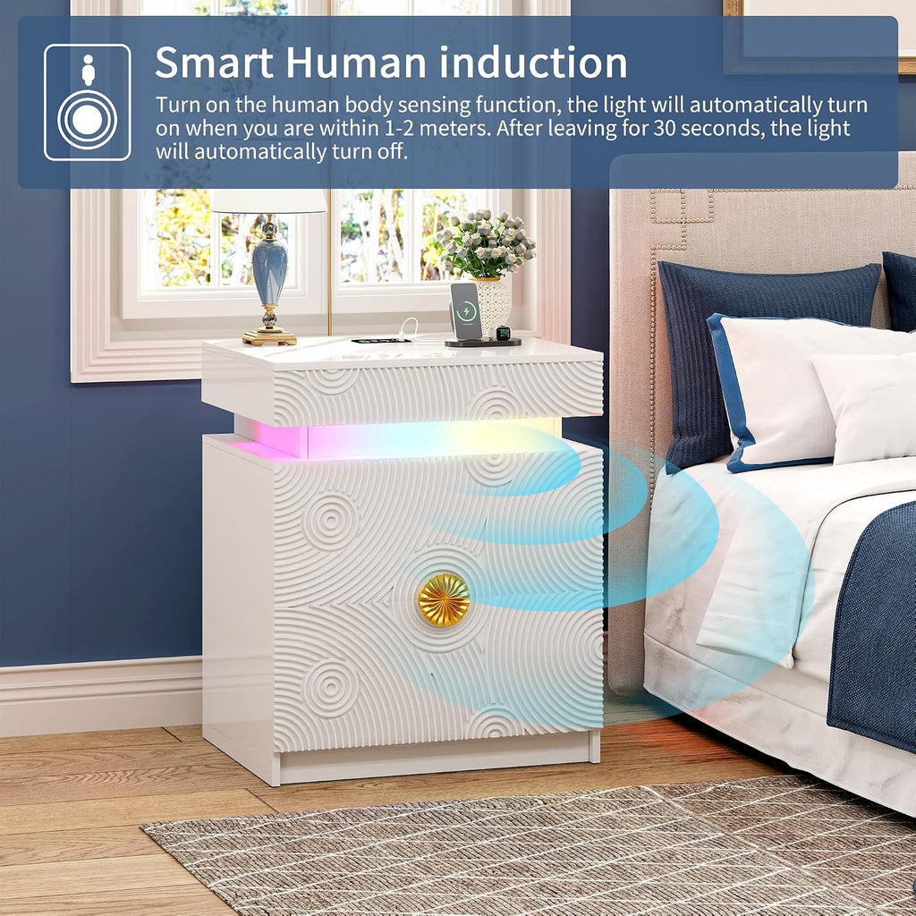 LED Nightstand with RGB Light and Lockable Hidden Drawer ,White | Night Stand with 2 Drawer, Smart Bedside Table with