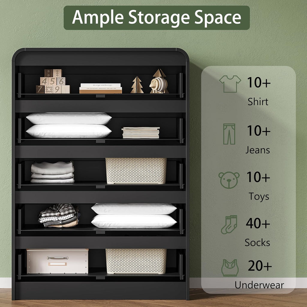 5 Drawer Dresser , 45" Tall Fluted Dresser with Curved Edge and Ergonomic Handleless, Large Wooden Clothes Storage